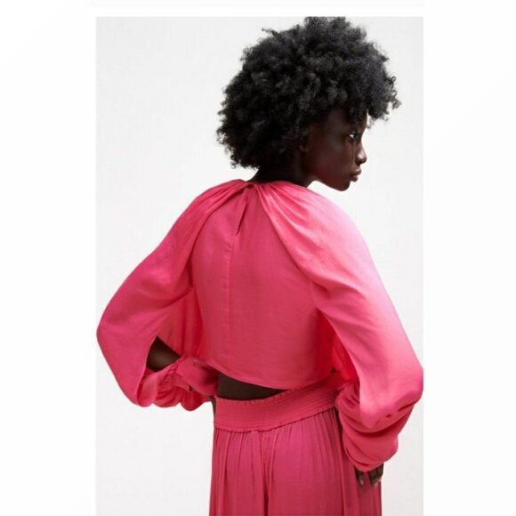 ZARA Bloggers Favorite Balloon Sleeve Crop Top Drapey Crossover Hot Pink Sz XL - Picture 11 of 16